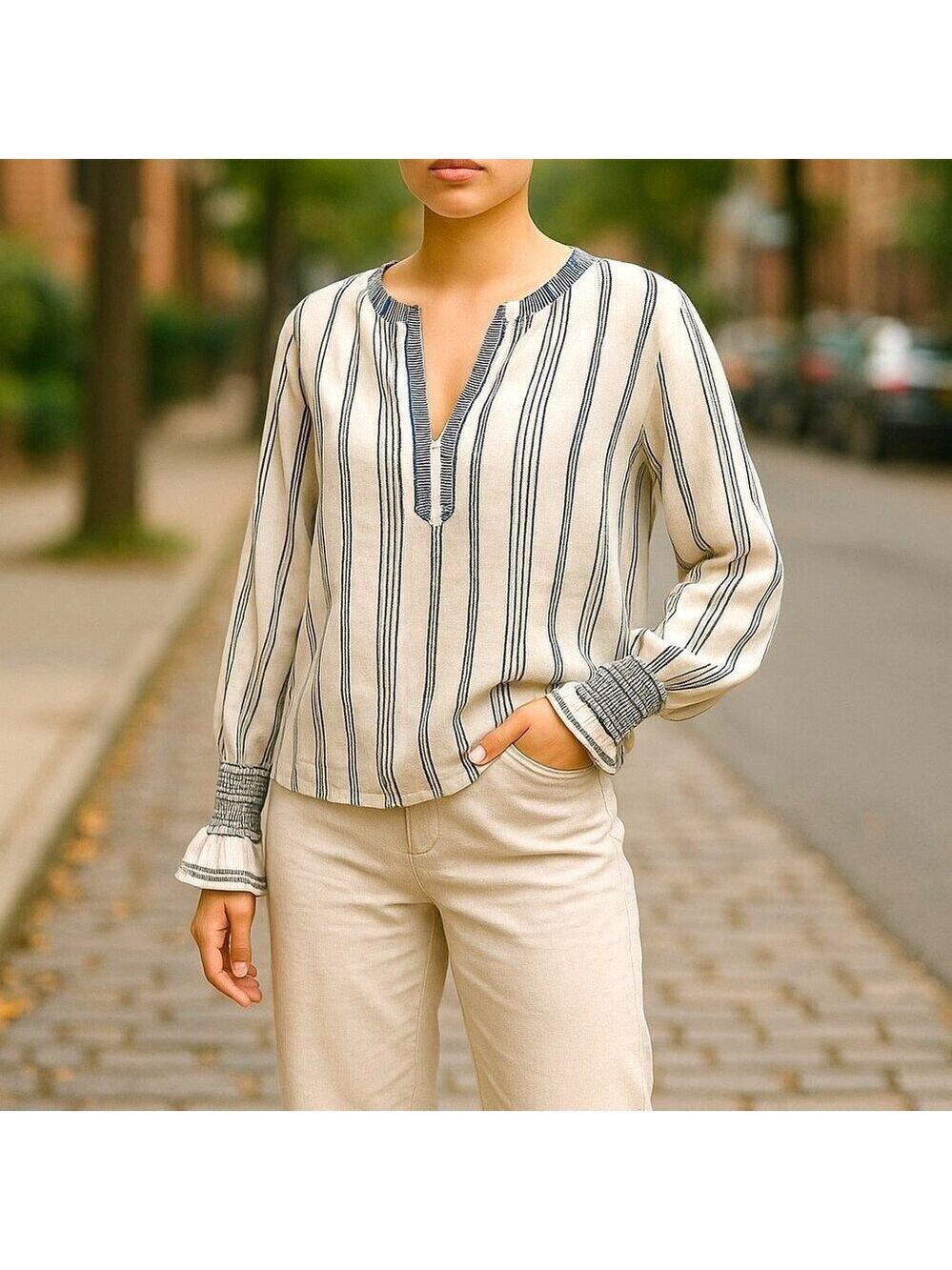 Elina Lebessi Blue And White Bohemian  Peasant Like Blouse 100% Cotton  Size L